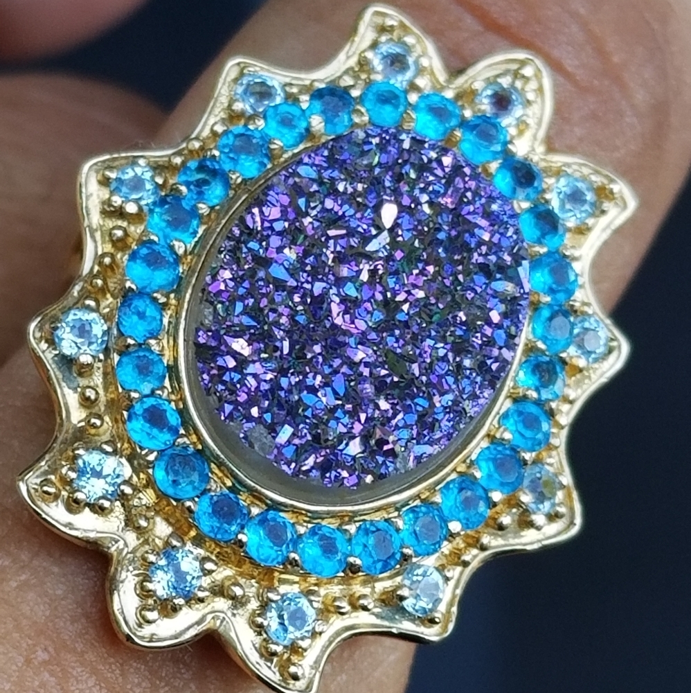 Heng ngai 10k drusy apatite aquamarine topaz ring 7.7 Grams Gold